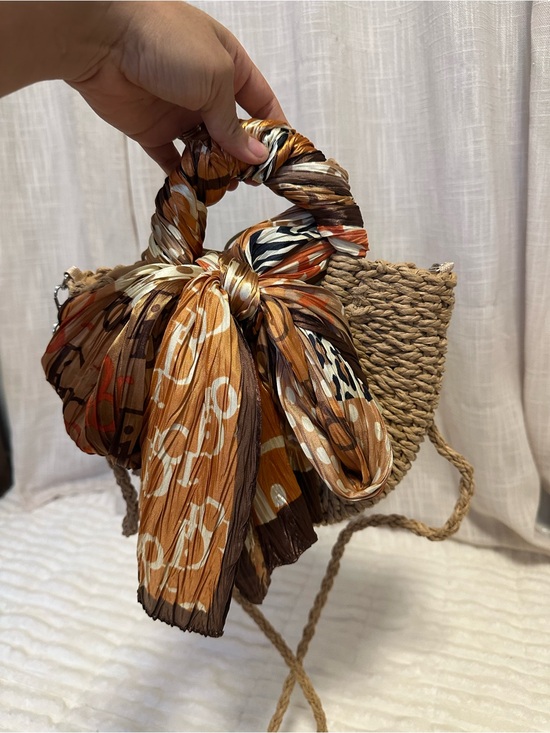 Handbags - Structured Straw Tote with Orange Patterned Scarf Accent